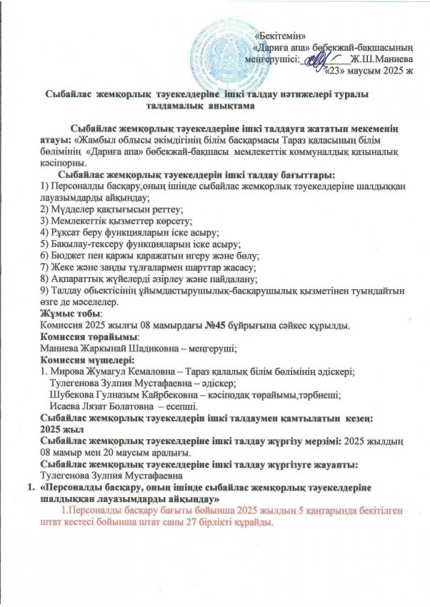 Ішкі талдау нәтижелері туралы талдамалық анықтама